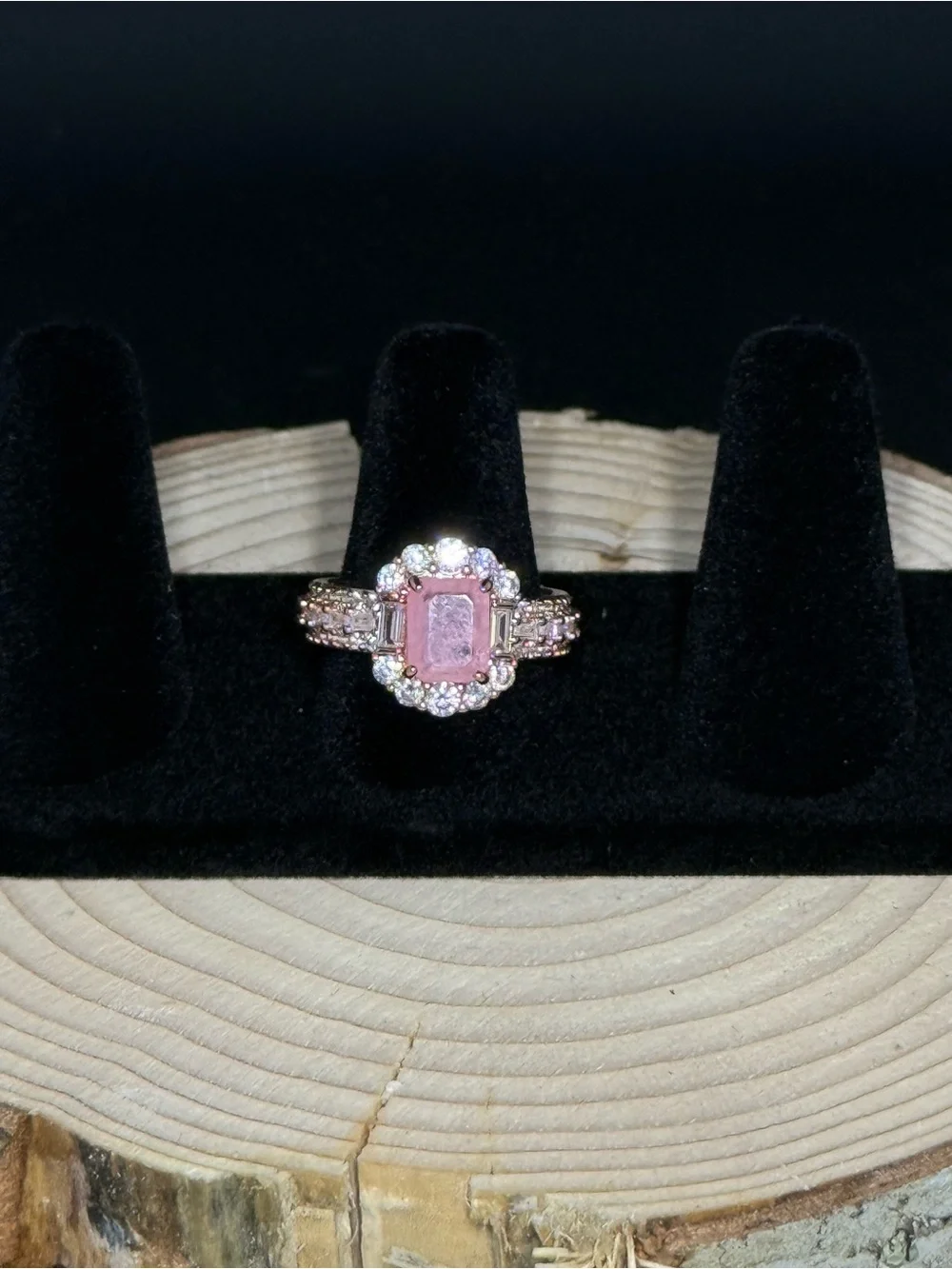 Bomb Party Moonrise Moment - Pink Emerald-Cut Halo Ring - Rose Gold Plating